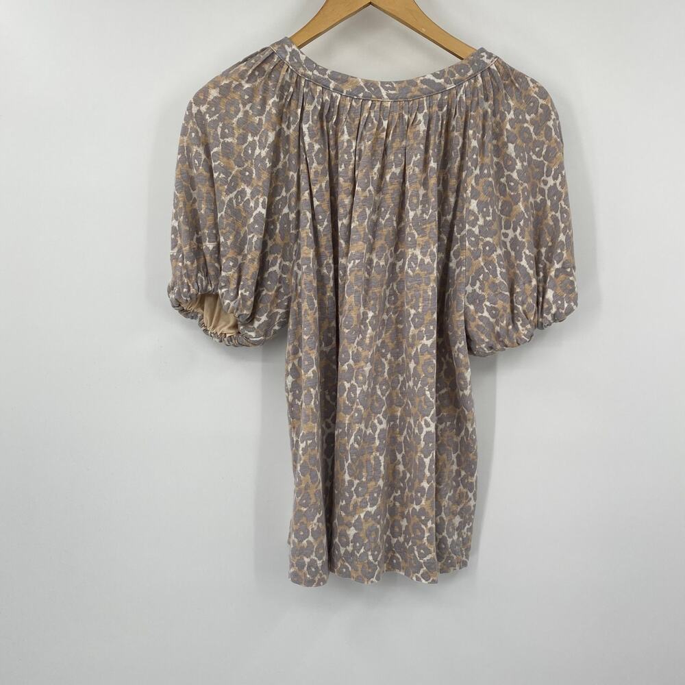 Anthropologie Maeve Leopard Print Linen Top Puff Sleeve Scoopneck Gray Medium - Picture 5 of 8